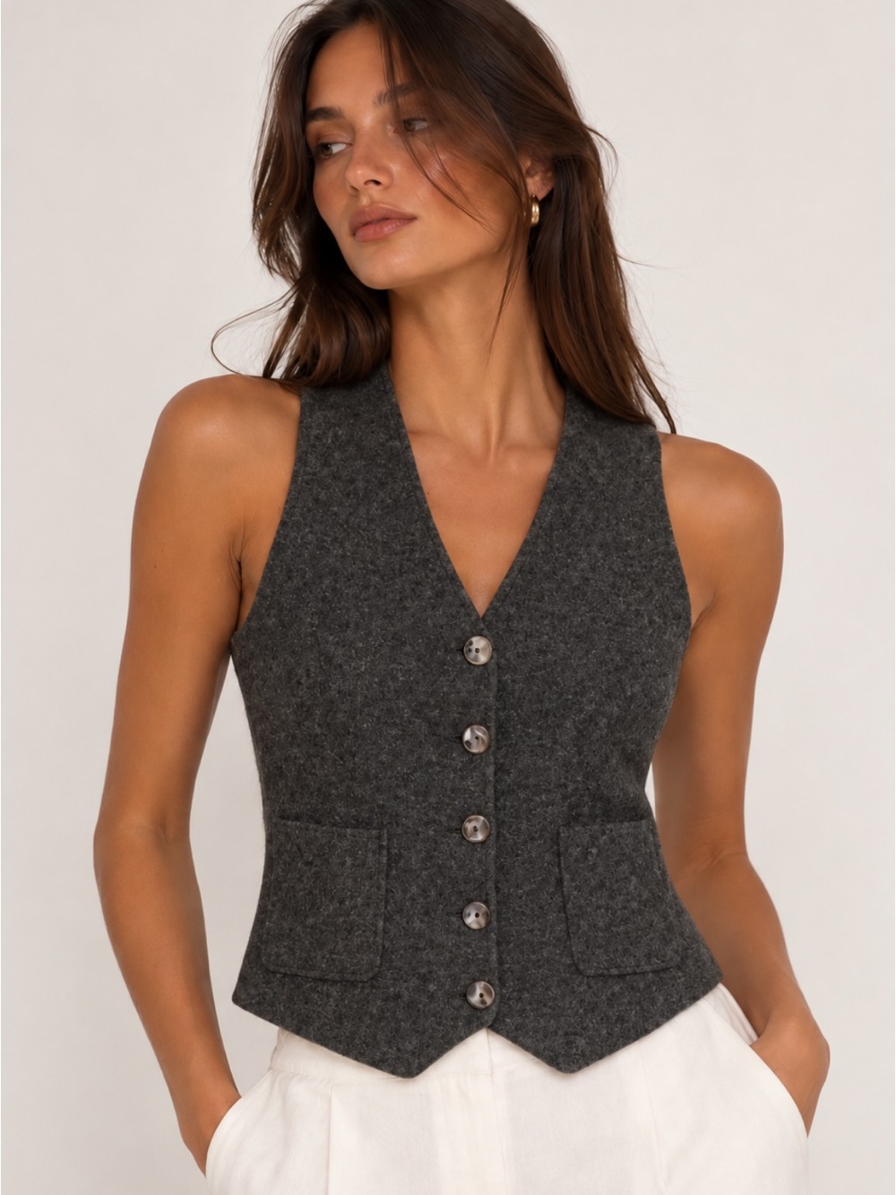 Charcoal Gray Button-Front Wool Blend Vest